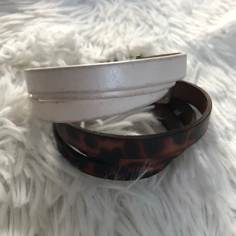 🩶5/$30 Brown Leopard and White Leather Wrap Bracelets with Silver Clasp